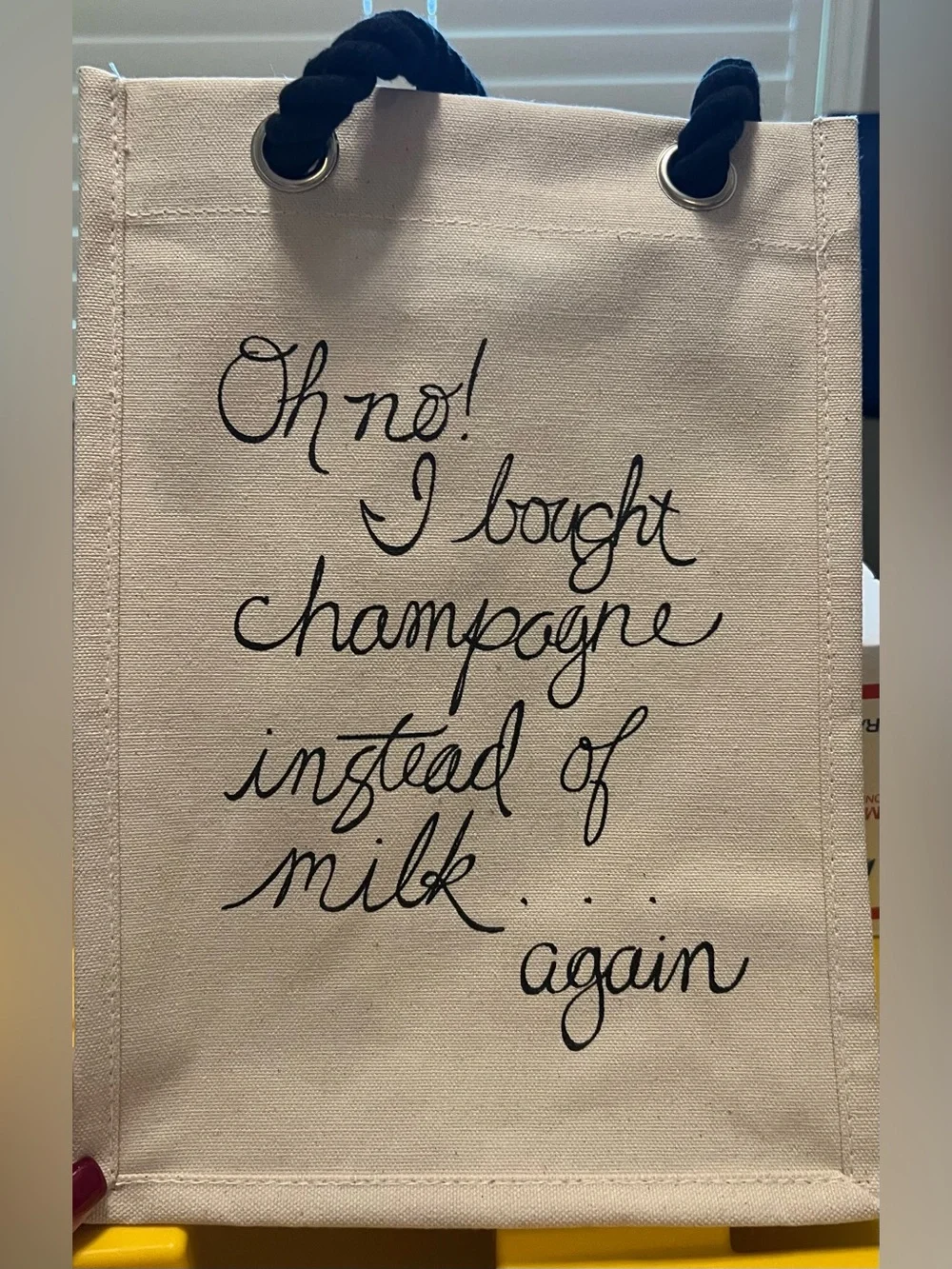 34th & Pine Canvas Wine Tote with Script 'I bought champagne instead of milk'